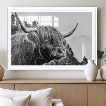 61570-MGC-FP-36x24_White-Highland Cow Wall Art – Black and White Scottish Bull Canvas Print, Rustic Farmhouse Animal Decor for Living Room, Bedroom, or