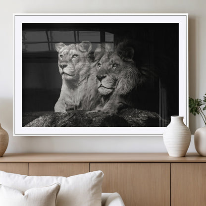 80013-MGC-FP-36x24_White-Lion and Lioness Wall Art – Black and White Wildlife Photography Canvas Print, African Safari Animal Decor for Office, Bedroom