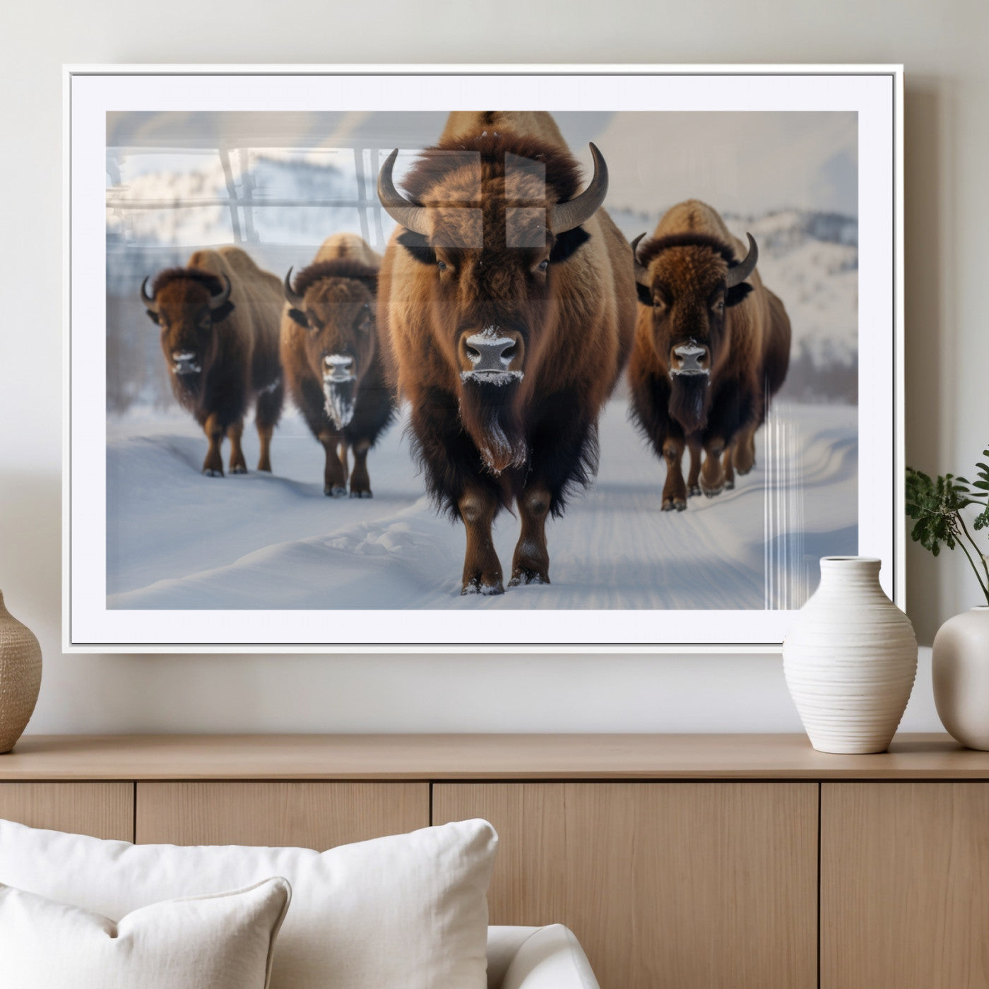56701-MGV-CV-36X24-Bison Herd Wall Art – Buffalo Walking in Snowy Mountains Canvas Print, Rustic Wildlife Decor for Cabin, Lodge, or Living Room