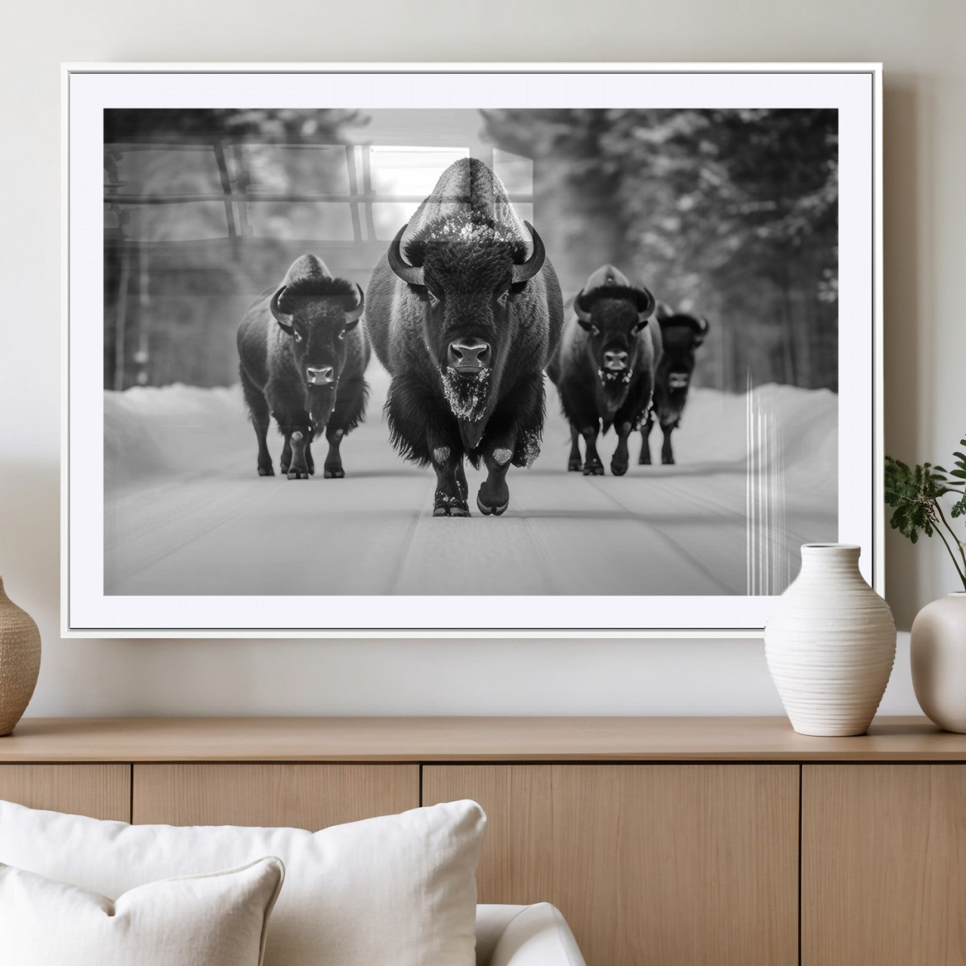 45287-MGV-CV-36X24-Bison Herd Wall Art – Black and White Buffalo Snow Road Canvas Print, Rustic Wildlife Decor for Cabin, Lodge or Living Room