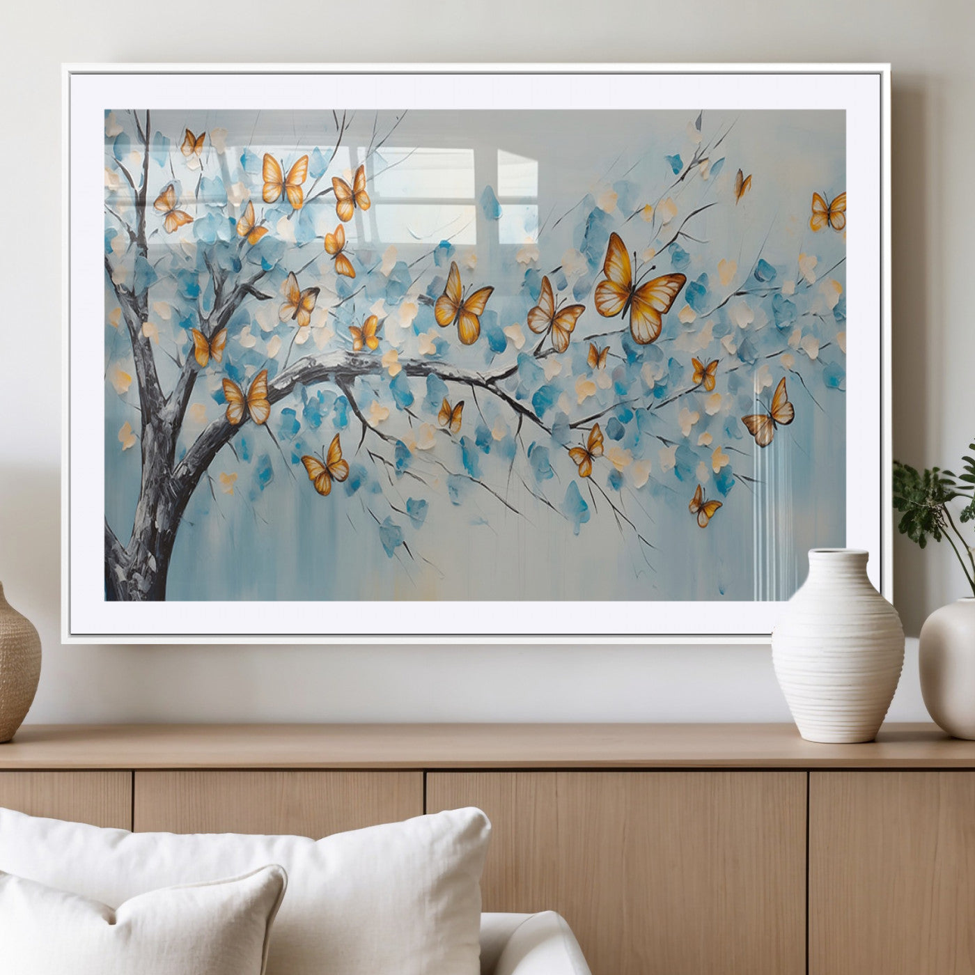 59455-MGV-CV-36X24-Butterfly Tree Branch Wall Art – Blue and Yellow Abstract Canvas Print, Modern Nature Artwork for Living Room, Bedroom or Office