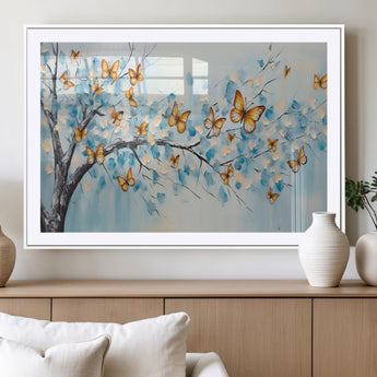 59455-MGV-CV-36X24-Butterfly Tree Branch Wall Art – Blue and Yellow Abstract Canvas Print, Modern Nature Artwork for Living Room, Bedroom or Office
