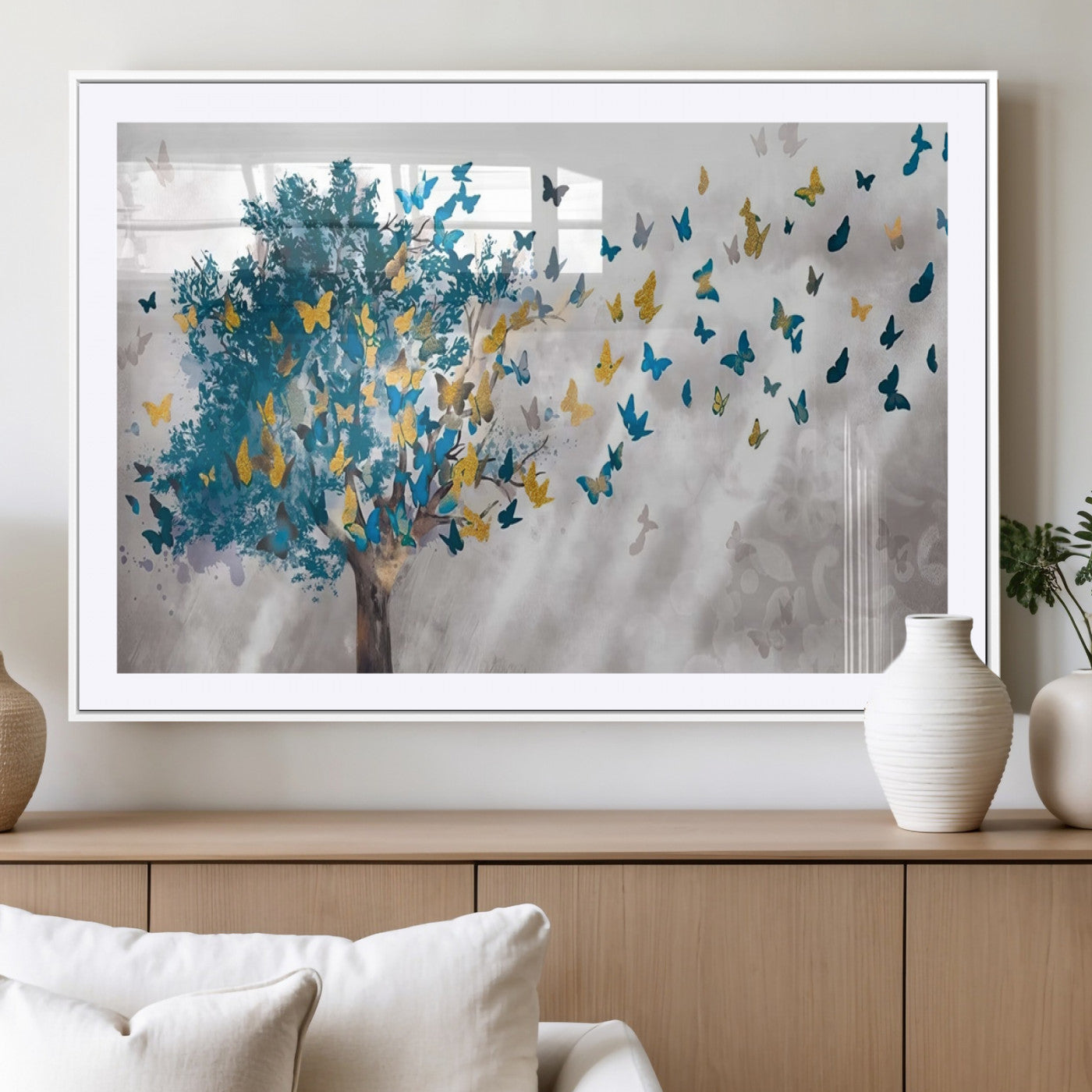 37564-MGV-CV-36X24-Butterfly Tree Wall Art – Modern Nature Canvas Print with Blue and Golden Butterflies, Elegant Decorative Painting for Living Room