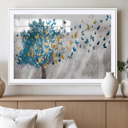 37564-MGV-CV-36X24-Butterfly Tree Wall Art – Modern Nature Canvas Print with Blue and Golden Butterflies, Elegant Decorative Painting for Living Room