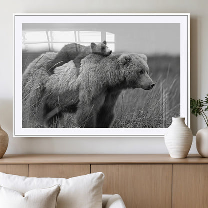 76338-MGV-CV-36X24-Mother Bear and Cub Wall Art – Black and White Wildlife Canvas Print, Rustic Nature Photography for Cabin, Living Room or Office