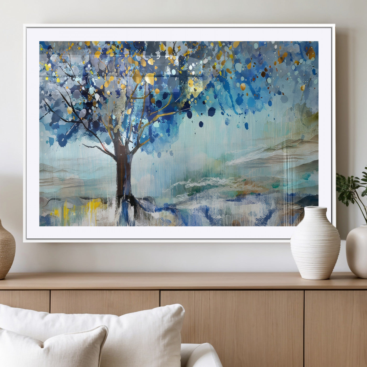 17018-MGV-CV-36X24-Abstract Blue Tree Wall Art – Colorful Canvas Painting with Gold and Silver Accents, Modern Nature Artwork for Living Room,