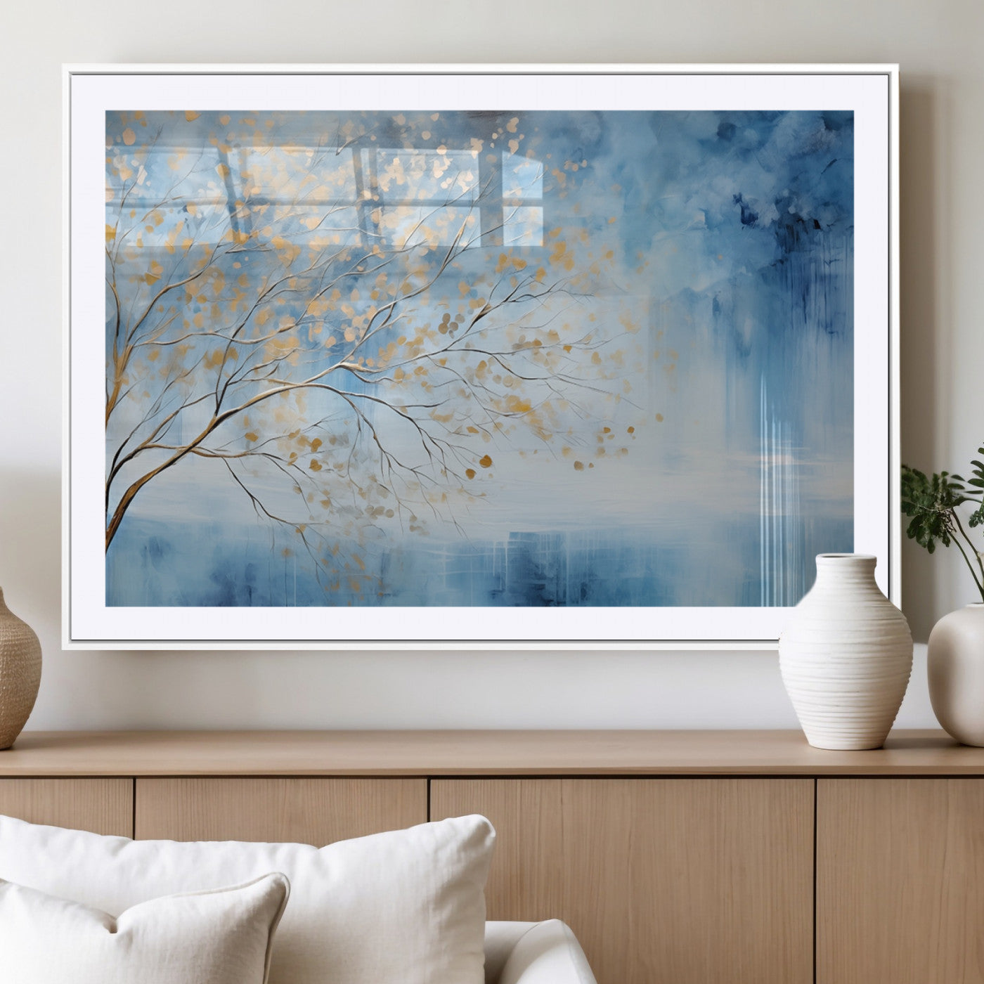 23891-MGV-CV-36X24-Abstract Tree Wall Art – Minimalist Blue and Gold Canvas Painting, Elegant Nature-Inspired Artwork for Living Room, Bedroom or