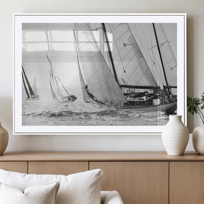 Boat-1-MGC-FP-36x24_White-Sailboat Racing Wall Art – Nautical Black and White Canvas Print, Ocean Adventure Decor for Office, Living Room or Bedroom