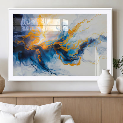 83720-MGV-CV-36X24-Abstract Fluid Wall Art – Blue, White and Gold Swirl Canvas Painting, Modern Contemporary Artwork for Living Room, Bedroom or