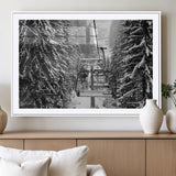 19240-MGV-CV-36X24-Ski Lift Wall Art – Black and White Winter Mountain Canvas Print, Snowy Forest Ski Resort Photography for Cabin, Lodge, Office or