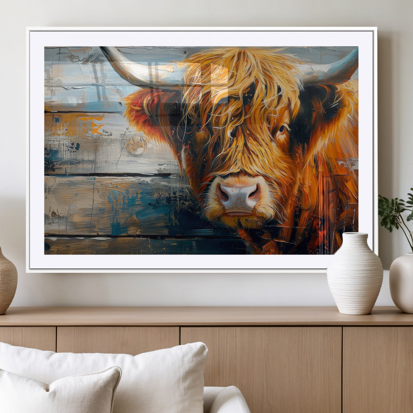 92312-MGV-CV-36X24-Highland Cow Wall Art – Rustic Farmhouse Canvas Print with Colorful Brush Strokes, Western Country Decor for Living Room, Bedroom