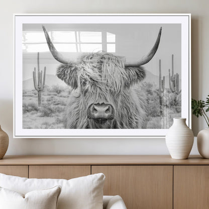 94579-MGC-FP-36x24_White-Highland Cow Wall Art – Black and White Longhorn Canvas Print, Rustic Western Farmhouse Animal Photography for Living Room,