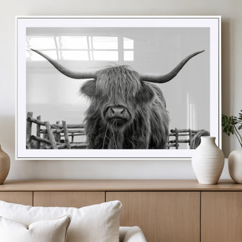 58188-MGV-CV-36X24-Highland Cow Wall Art – Black and White Rustic Farmhouse Canvas Print, Longhorn Cattle Photography Decor for Living Room or
