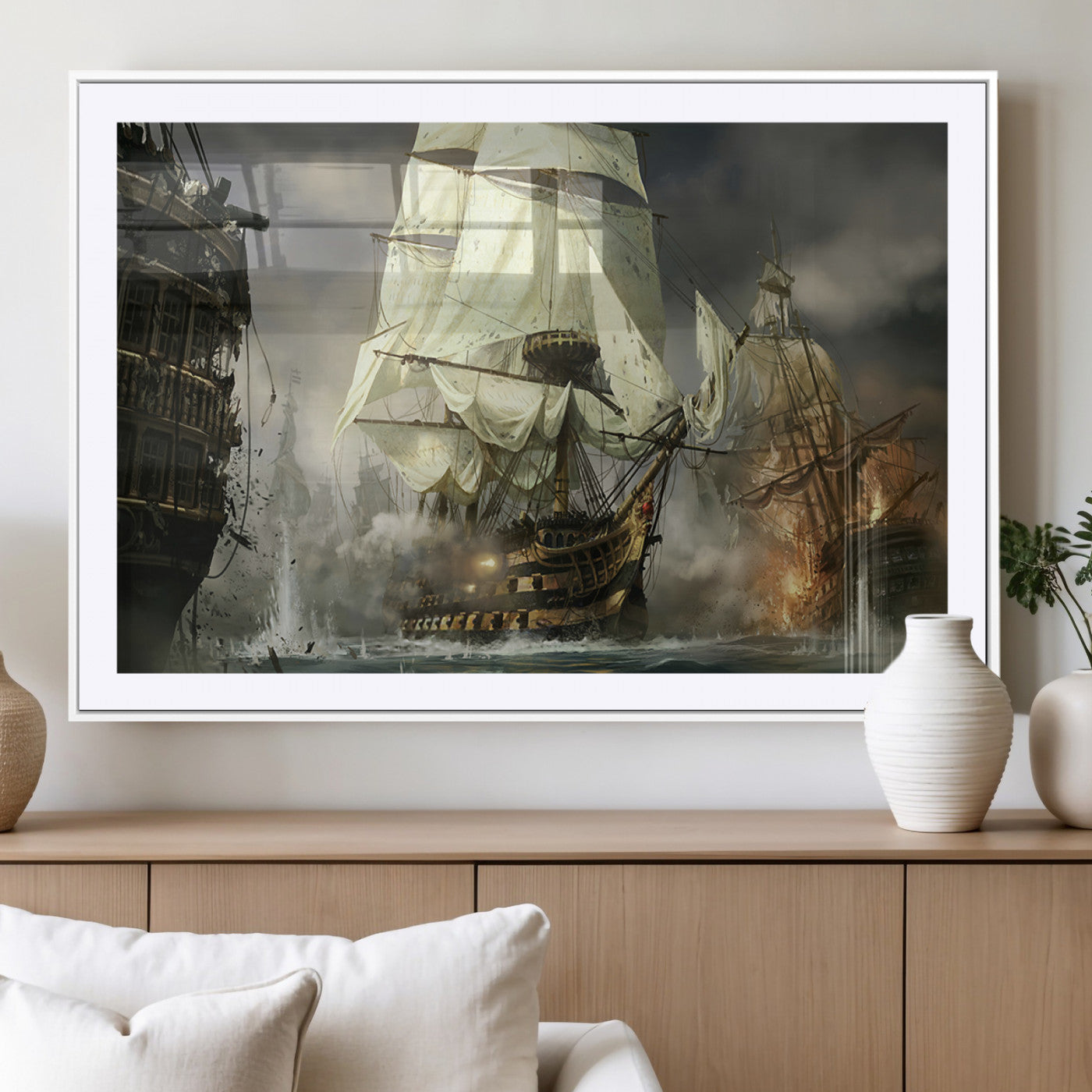 26512-MGV-CV-36X24-Naval Battle Wall Art – Dramatic Tall Ship Canvas Print, Historic Pirate Sailing War Scene, Nautical Decor for Office, Study or