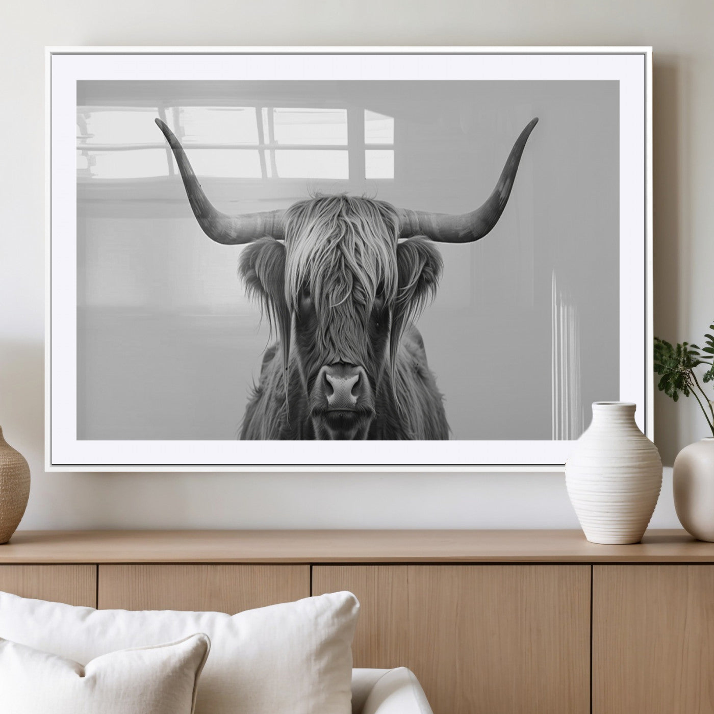 35820-MGV-CV-36X24-Minimalist Highland Cow Wall Art – Black and White Longhorn Cattle Canvas Print, Modern Farmhouse Animal Photography Decor for