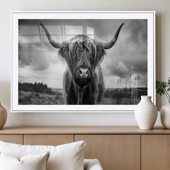 17924-MGC-FP-36x24_White-Highland Cow Wall Art – Black and White Rustic Longhorn Cattle Canvas Print, Farmhouse Animal Photography Decor for Country Home