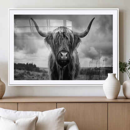 17924-MGC-FP-36x24_White-Highland Cow Wall Art – Black and White Rustic Longhorn Cattle Canvas Print, Farmhouse Animal Photography Decor for Country Home