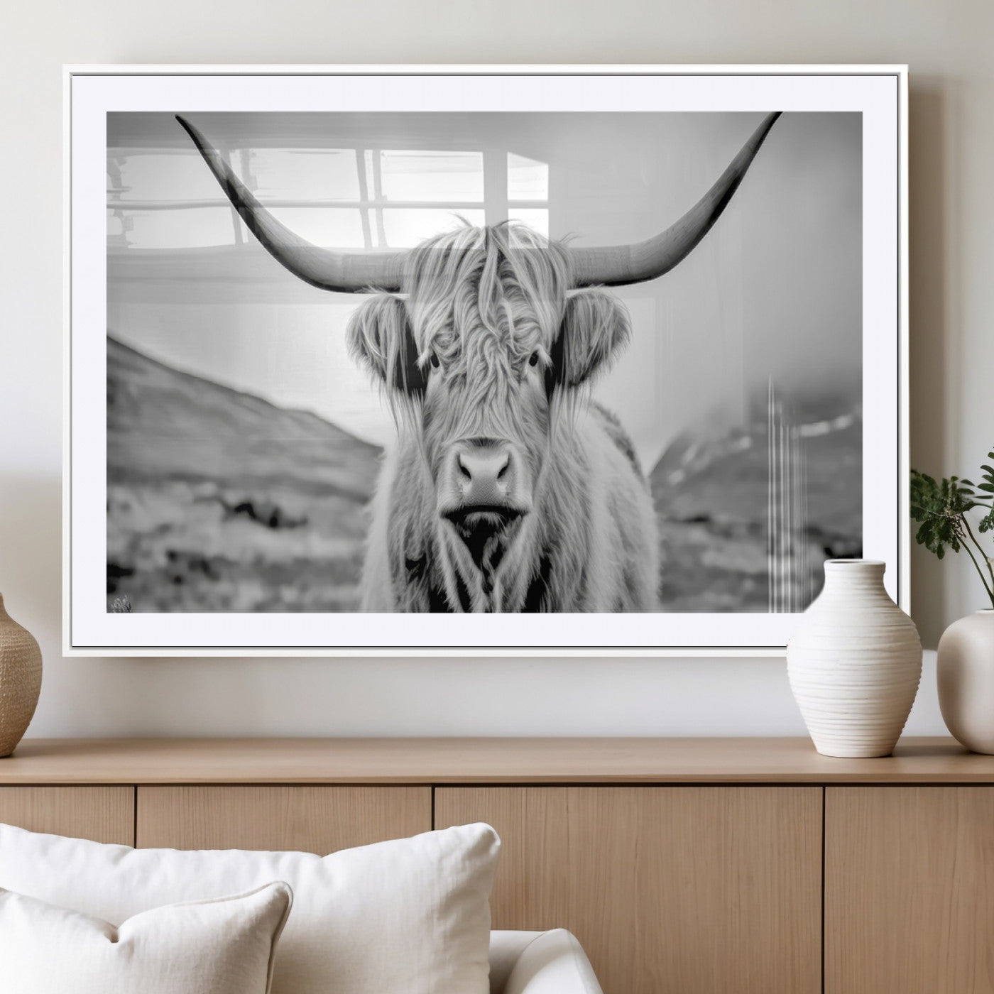 80564-MGV-CV-36X24-Highland Cow Wall Art – Black and White Scottish Highland Canvas Print, Rustic Farmhouse Decor for Living Room, Bedroom or Office