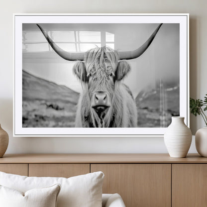 80564-MGV-CV-36X24-Highland Cow Wall Art – Black and White Scottish Highland Canvas Print, Rustic Farmhouse Decor for Living Room, Bedroom or Office