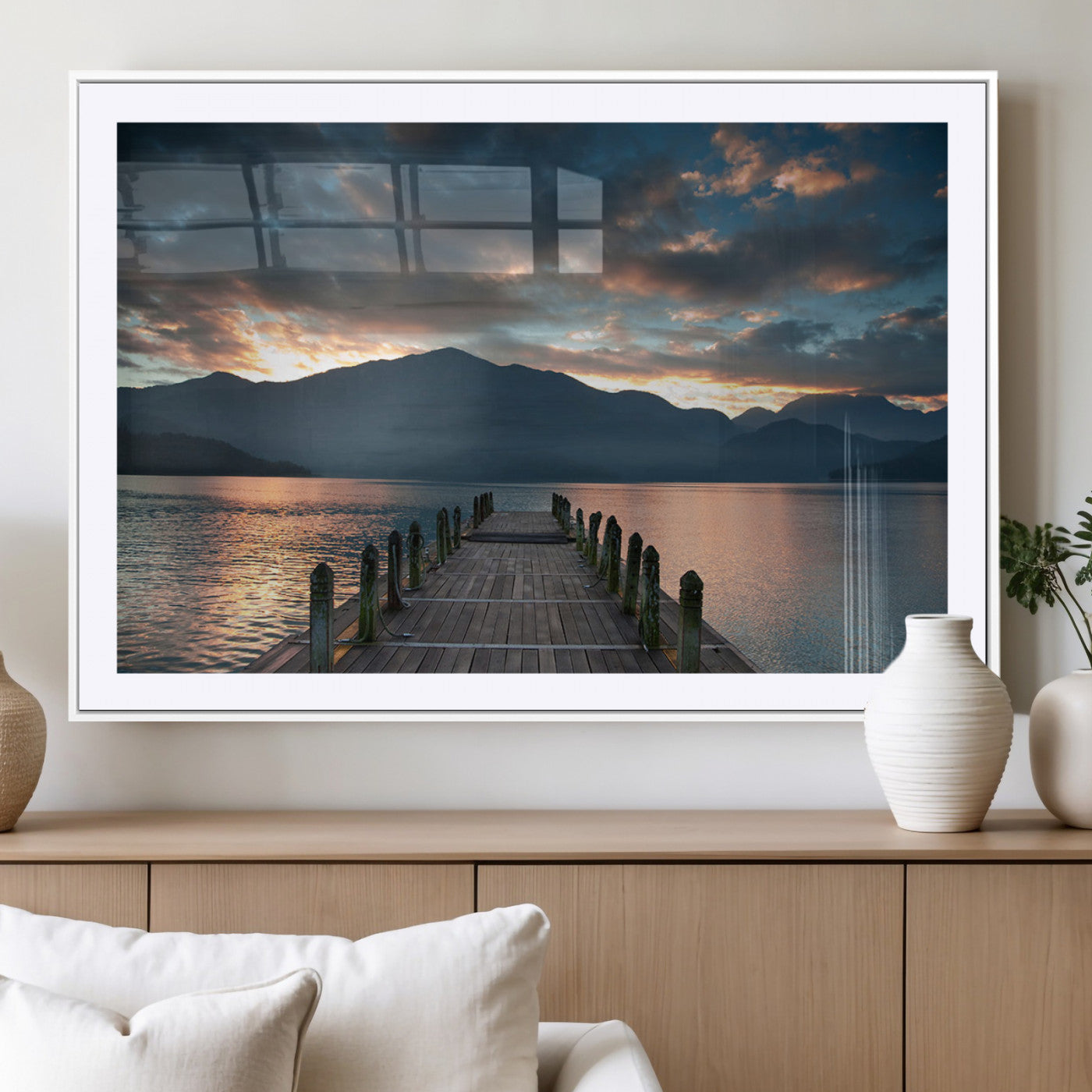 20442-MGV-CV-36X24-Lakeside Sunset Dock Wall Art – Peaceful Mountain Lake Canvas Print, Serene Nature Landscape Decor for Living Room, Bedroom or