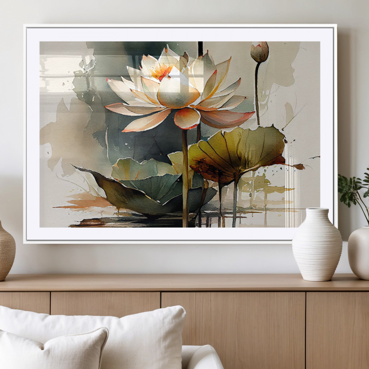 62531-MGV-CV-36X24-Lotus Flower Wall Art – Watercolor Botanical Canvas Print, Tranquil Nature Artwork for Living Room, Bedroom or Meditation Space