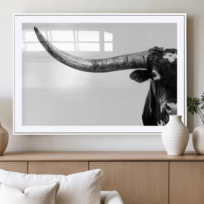 31699-MGV-CV-36X24-Longhorn Wall Art – Black and White Texas Longhorn Cow Canvas Print, Rustic Western Farmhouse Artwork for Living Room, Bedroom or