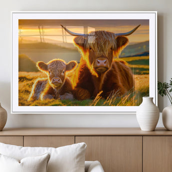 20567-MGV-CV-36X24-Highland Cow and Calf Wall Art – Rustic Farmhouse Sunset Cattle Canvas Print, Country Animal Artwork for Living Room, Bedroom, or