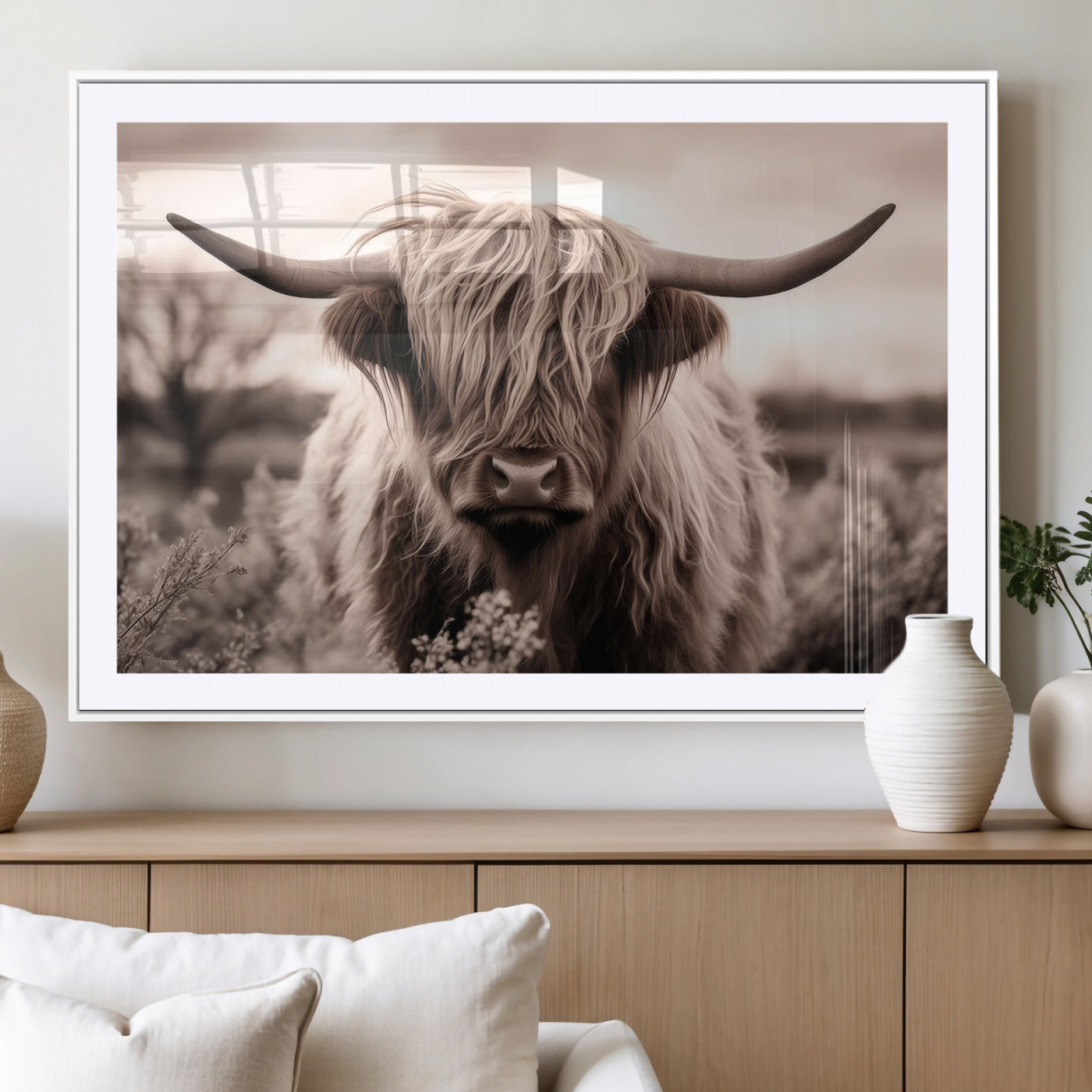 55903-MGV-CV-36X24-Highland Cow Wall Art – Rustic Sepia Scottish Highland Bull Canvas Print, Farmhouse Country Animal Decor for Living Room, Bedroom