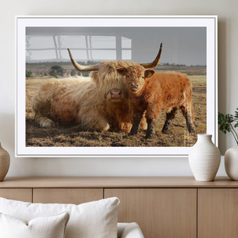53461-MGV-CV-36X24-Highland Cow Family Wall Art – Rustic Farmhouse Animal Canvas Print, Country Decor for Living Room, Bedroom or Office, Calf and