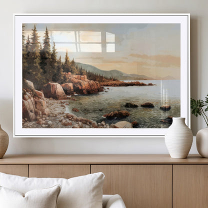 77145-MGC-FP-36x24_White-Coastal Landscape Wall Art – Panoramic Rocky Shoreline and Pine Trees Canvas Print, Rustic Nature Decor for Cabin, Lodge, Office,