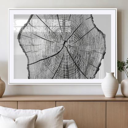 98709-MGC-FP-36x24_White-Tree Ring Wall Art – Black and White Canvas Print Rustic Wood Cross Section, Minimal Nature Inspired Decor for Living Room,