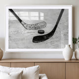 82900-MGV-CV-36X24-Hockey Wall Art – Black and White Canvas Print Ice Rink Sticks Puck Sports Photography, Modern Decor for Game Room, Man Cave,