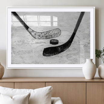 82900-MGV-CV-36X24-Hockey Wall Art – Black and White Canvas Print Ice Rink Sticks Puck Sports Photography, Modern Decor for Game Room, Man Cave,