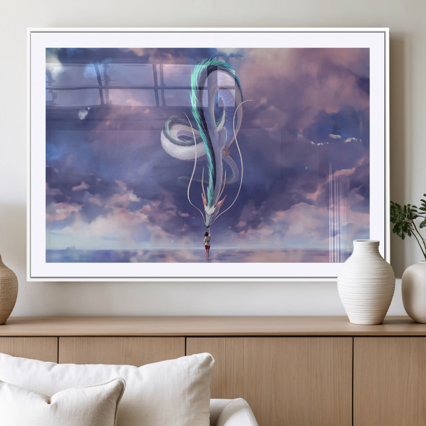 66864-MGC-FP-36x24_White-Fantasy Dragon Wall Art – Mystical Canvas Print Girl and Sky Serpent Dreamlike Clouds, Magical Anime Inspired Decor for Living