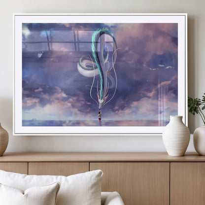 66864-MGC-FP-36x24_White-Fantasy Dragon Wall Art – Mystical Canvas Print Girl and Sky Serpent Dreamlike Clouds, Magical Anime Inspired Decor for Living