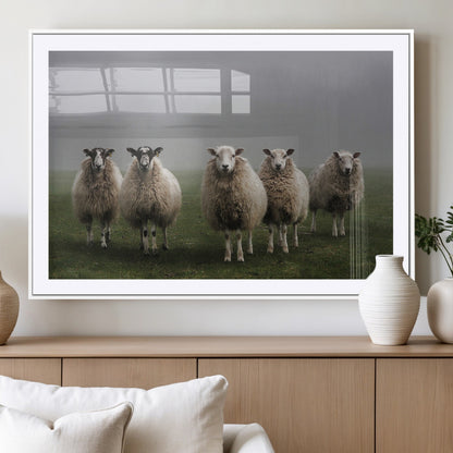 87339-MGC-FP-36x24_White-Sheep Wall Art – Rustic Farmhouse Canvas Print Flock Standing Misty Field Countryside Photography, Country Animal Decor for Living