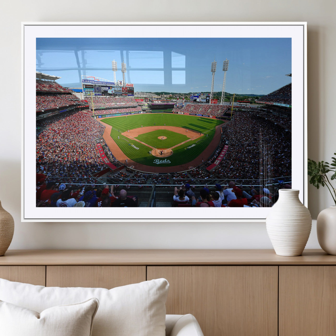 90998-MGV-CV-36X24-Baseball Stadium Wall Art – Canvas Print Day Game Field Packed Crowd Bright Blue Sky Sports Photography, Classic Decor for Game