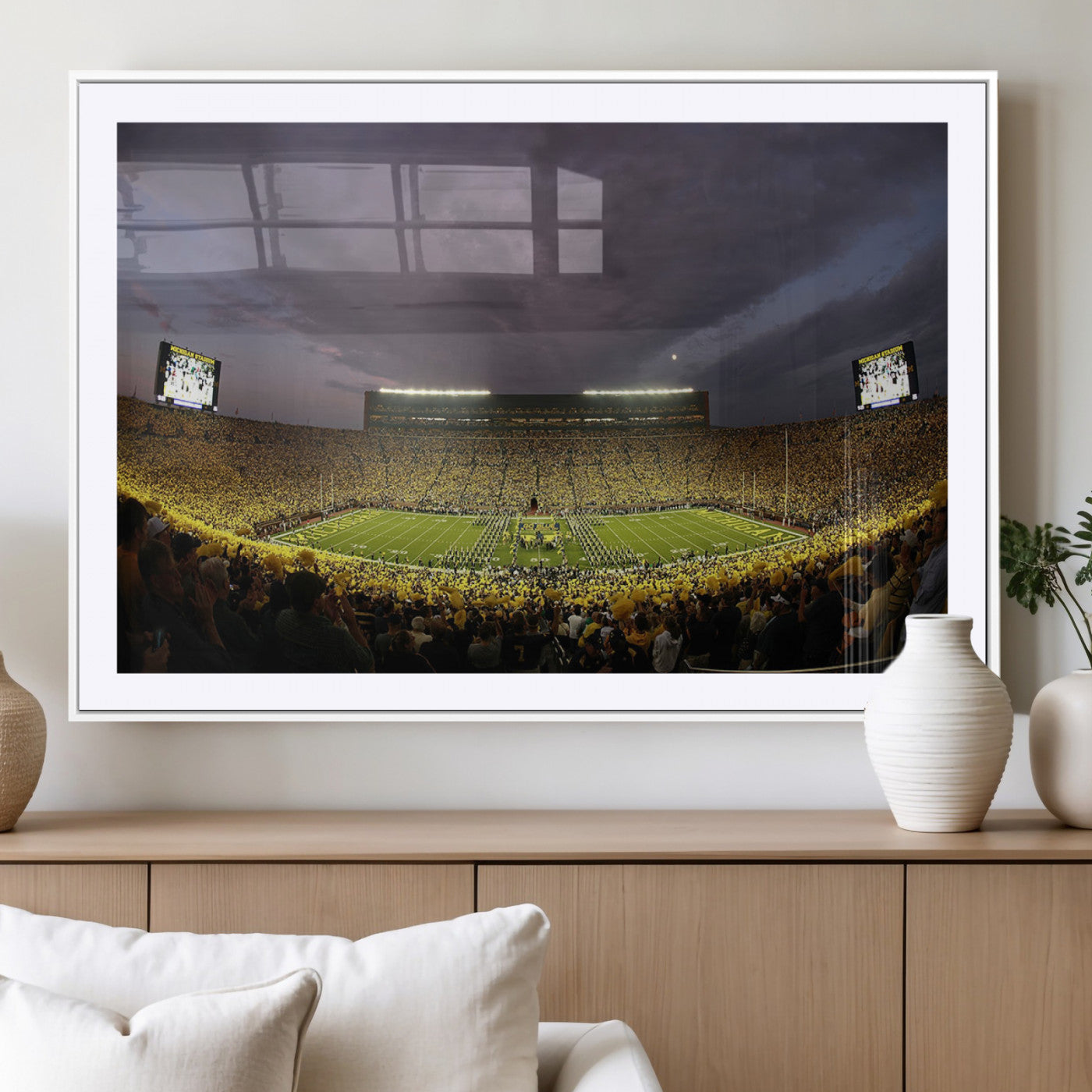 72404-MGC-FP-36x24_White-Michigan Wolverine Stadium Wall Art Canvas Print, Framed Michigan Stadium Art Picture Print, Football Stadium Perfect Sport Room