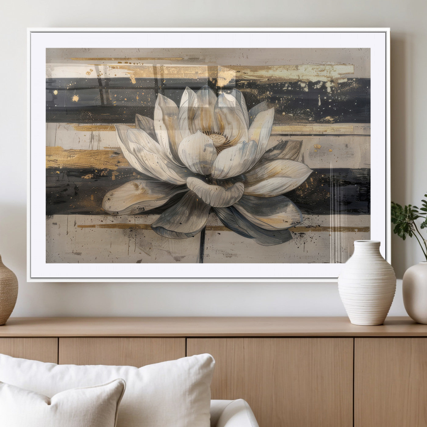 18807-MGV-CV-36X24-Lotus Flower Wall Art Canvas Print, Framed Abstract Lotus Art Picture Print, White Lotus Flower Perfect Abstract Floral Decor