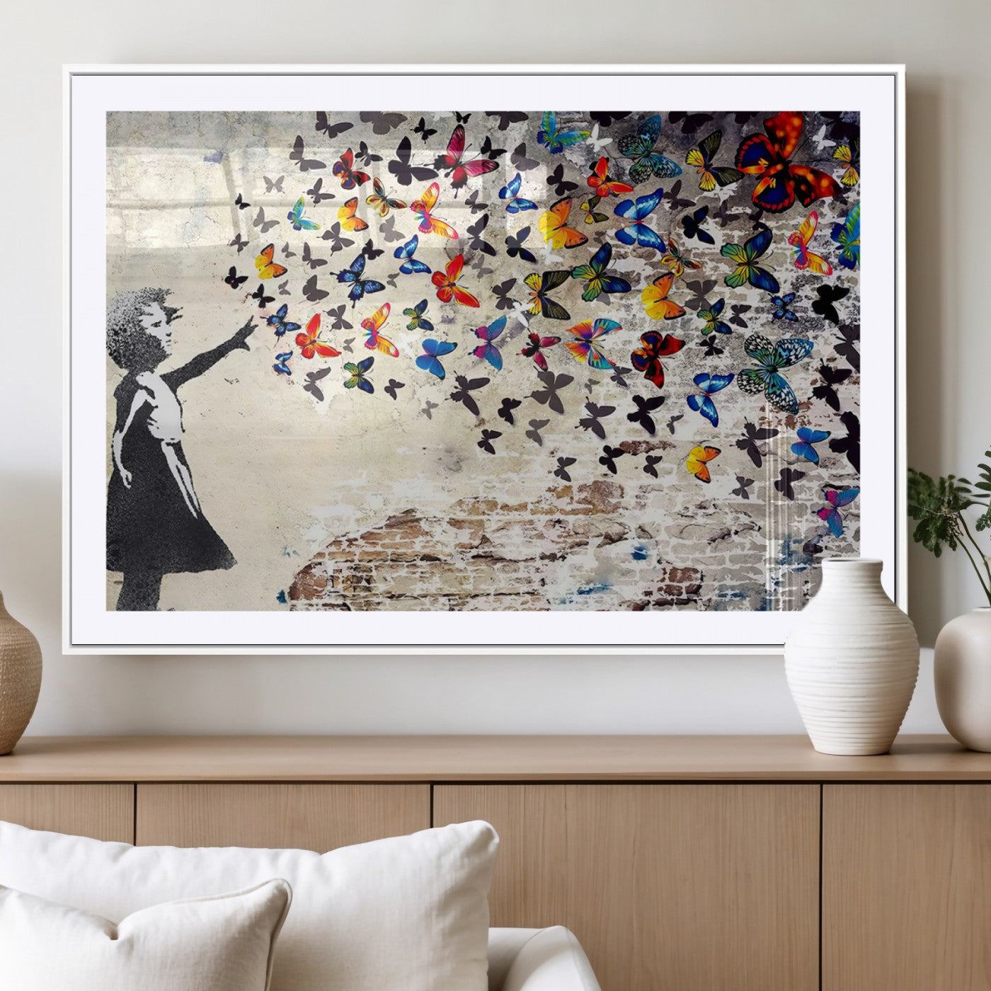 97895-MGV-CV-36X24-Girl with Butterflies Wall Art – Colorful Street Art Style Canvas Print, Modern Graffiti-Inspired Butterfly Artwork for Living