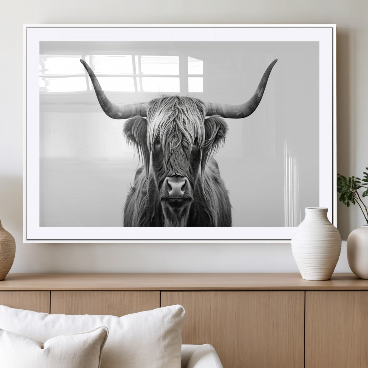 49556-MGC-FP-36x24_White-Highland Cow Wall Art – Black and White Scottish Highland Cattle Print, Rustic Farmhouse Minimalist Animal Portrait Canvas for