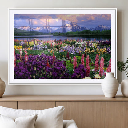 82270-MGV-CV-36X24-Colorful Wildflower Meadow Landscape Wall Art – Snow-Capped Mountain Lake Sunset Print, Vibrant Nature Artwork for Living Room,