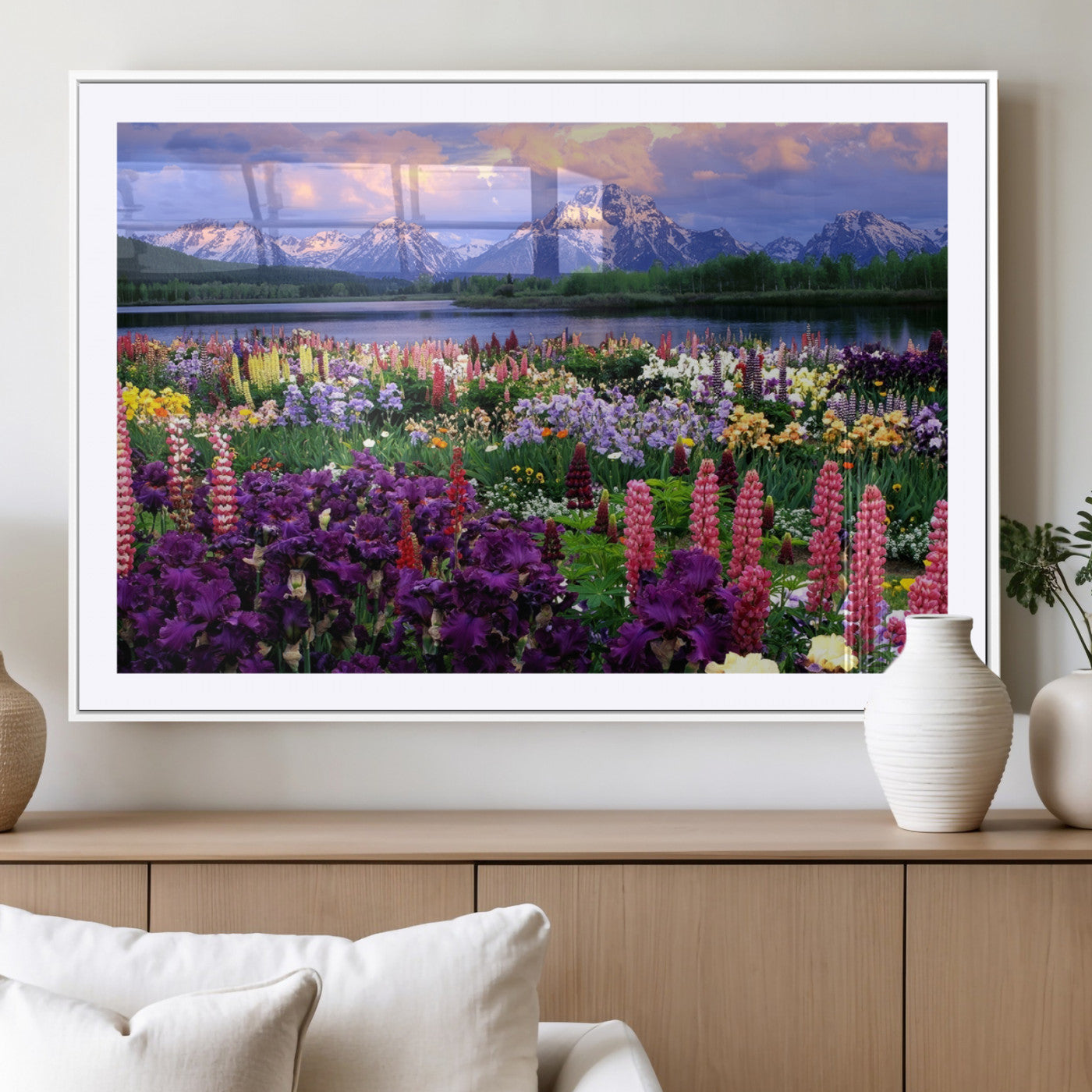 82270-MGV-CV-36X24-Colorful Wildflower Meadow Landscape Wall Art – Snow-Capped Mountain Lake Sunset Print, Vibrant Nature Artwork for Living Room,