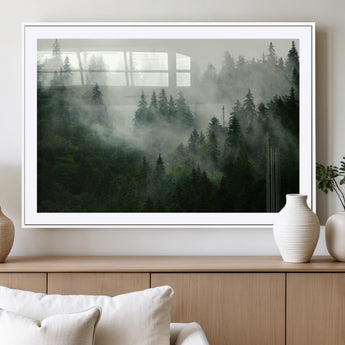 167720496-MGV-CV-36X24-Misty Forest Wall Art – Serene Evergreen Trees Canvas Print, Foggy Mountain Nature Landscape Decor for Bedroom, Living Room or