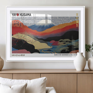 14839-MGV-CV-36X24-Yayoi Kusama Wall Art – Panoramic Mountain & River Canvas Print, Modern Abstract Japanese Landscape Decor for Living Room or