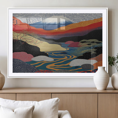 22313-MGC-FP-36x24_White-Yayoi Kusama Wall Art – Abstract Mount Fuji Landscape Canvas Print, Vibrant Japanese Nature Scene with River, Mountains and Sky