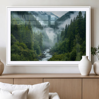 69453-MGV-CV-36X24-Mountain Forest Wall Art – Misty River and Evergreen Landscape Canvas Print, Nature Photography Poster for Living Room, Bedroom,