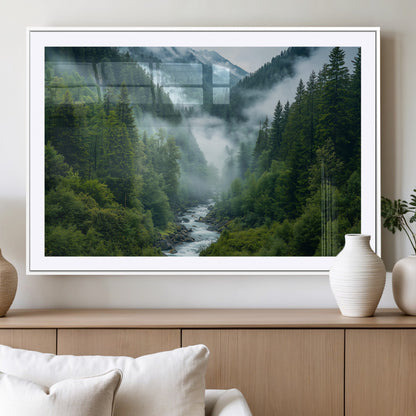 69453-MGV-CV-36X24-Mountain Forest Wall Art – Misty River and Evergreen Landscape Canvas Print, Nature Photography Poster for Living Room, Bedroom,