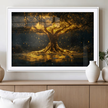 59580-MGV-CV-36X24-Glowing Tree Wall Art – Golden Fantasy Nature Canvas Print, Mystical Illuminated Tree Painting Poster for Living Room, Bedroom,