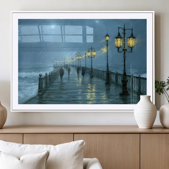 79606-MGV-CV-36X24-Rainy Pier Night Wall Art – Ocean Waves and Street Lamps Canvas Print, Moody Seascape Oil Painting Poster for Living Room,